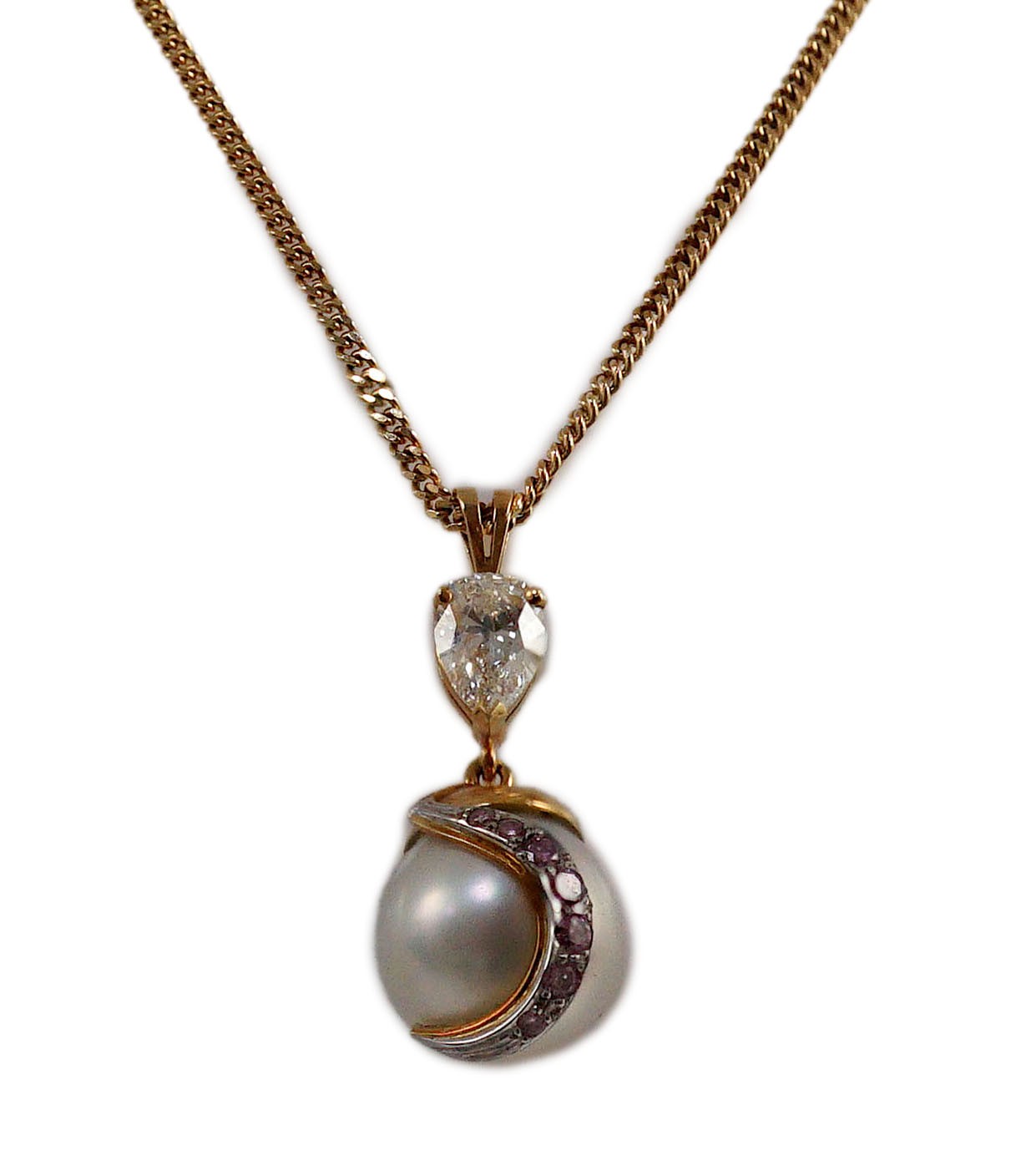 A modern gold, single stone South Sea pearl, single stone pear cut diamond and graduated seven stone pink diamond set drop pendant